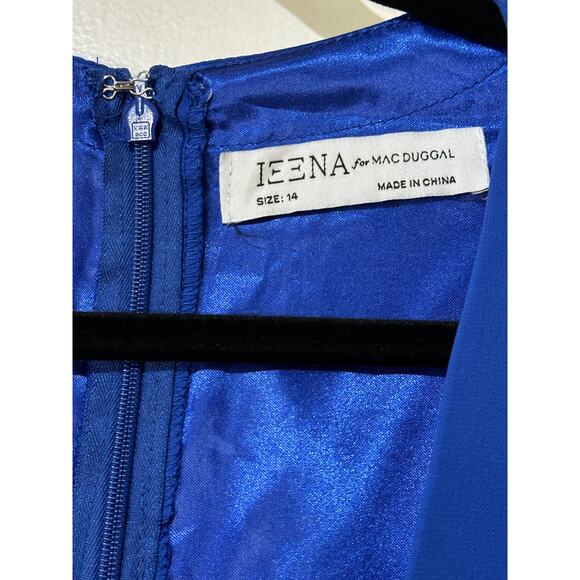 Ieena For Mac Duggal V-Neck Illusion Long Sleeve Chiffon Gown Size 14  NWOT Blue - Picture 3 of 16